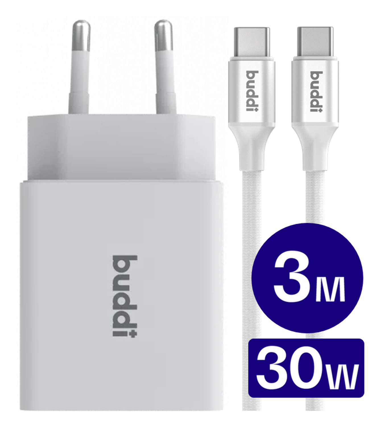 Buddi 30W USB-C & USB-A Oplader met Buddi Flex USB-C Kabel 3M Wit afbeelding 1