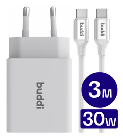 Buddi 30W USB-C & USB-A Oplader met Buddi Flex USB-C Kabel 3M Wit afbeelding