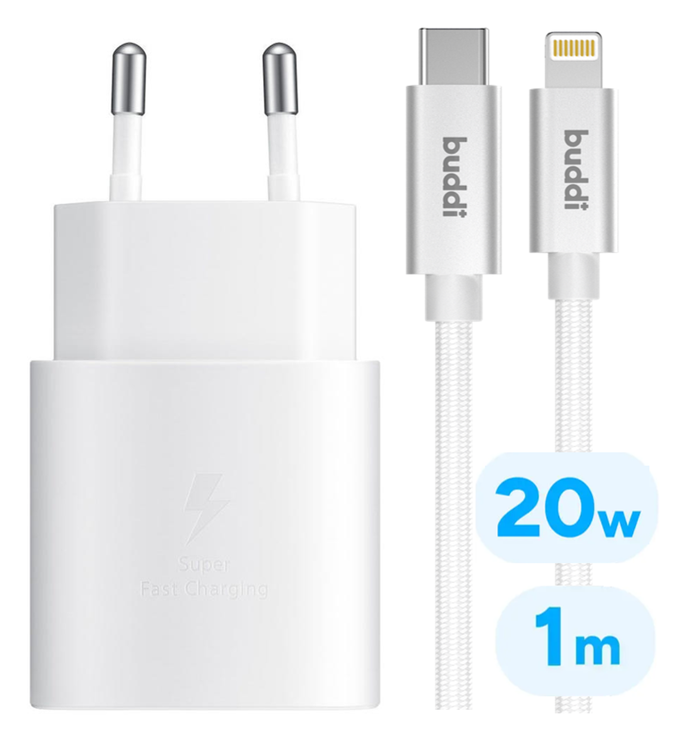 Originele Samsung Power Adapter met 20W Buddi Flex Lightning Kabel 1M Wit afbeelding 1