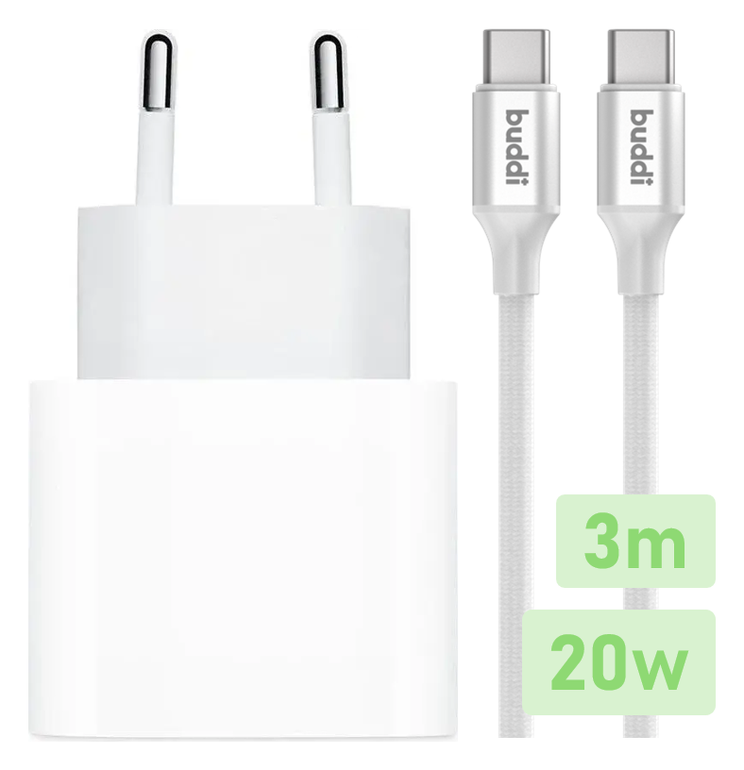 Originele Apple 20W USB-C Oplader met Buddi USB-C Kabel 3M Wit afbeelding 1