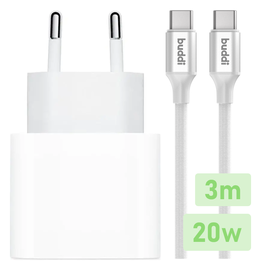 Originele Apple 20W USB-C Oplader met Buddi USB-C Kabel 3M Wit afbeelding