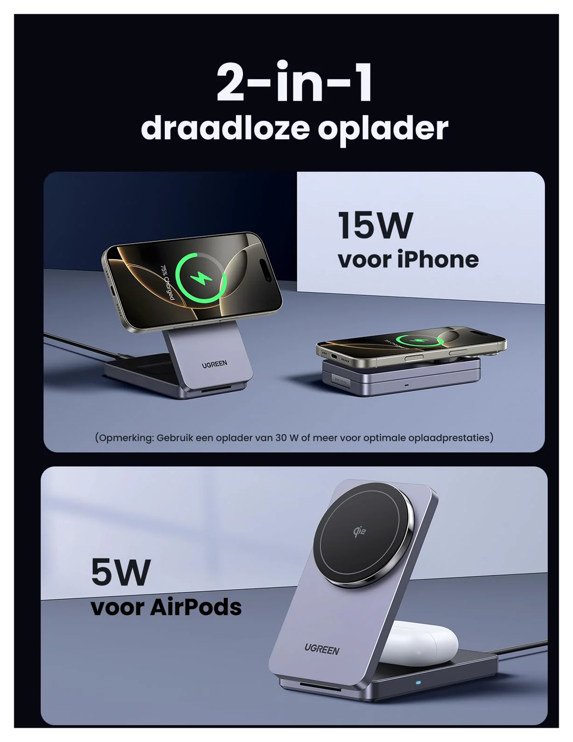 UGREEN MagFlow Qi2 2-in-1 15W Draadloze MagSafe Oplader Smartphone & AirPods afbeelding 3