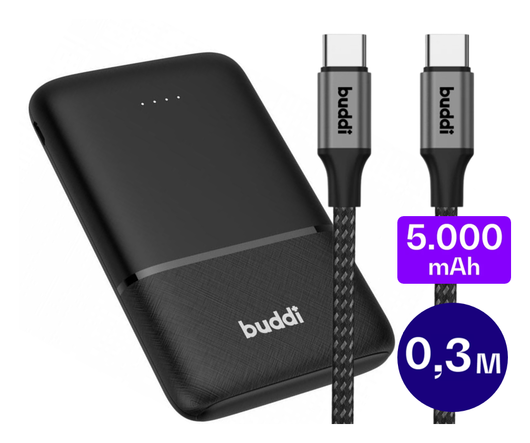 Buddi Go Compacte Powerbank 5.000 mAh met Buddi Flex 30cm USB-C Kabel 60W Zwart afbeelding 1
