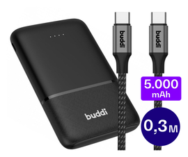 Buddi Go Compacte Powerbank 5.000 mAh met Buddi Flex 30cm USB-C Kabel 60W Zwart