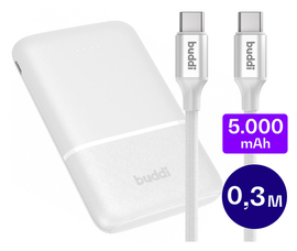 Buddi Go Compacte Powerbank 5.000 mAh met Buddi Flex 30cm USB-C Kabel 60W Wit afbeelding