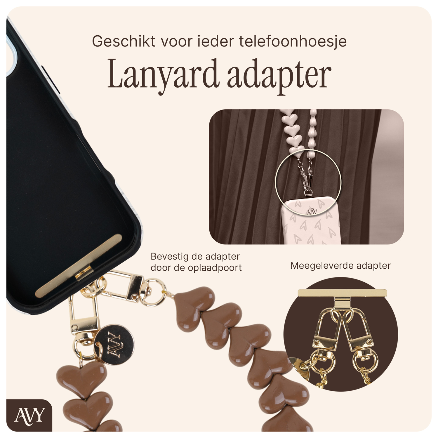 AVY Universele Hartjes Armband Polsband Telefoonkoord (30CM) Cupid Brown afbeelding 2