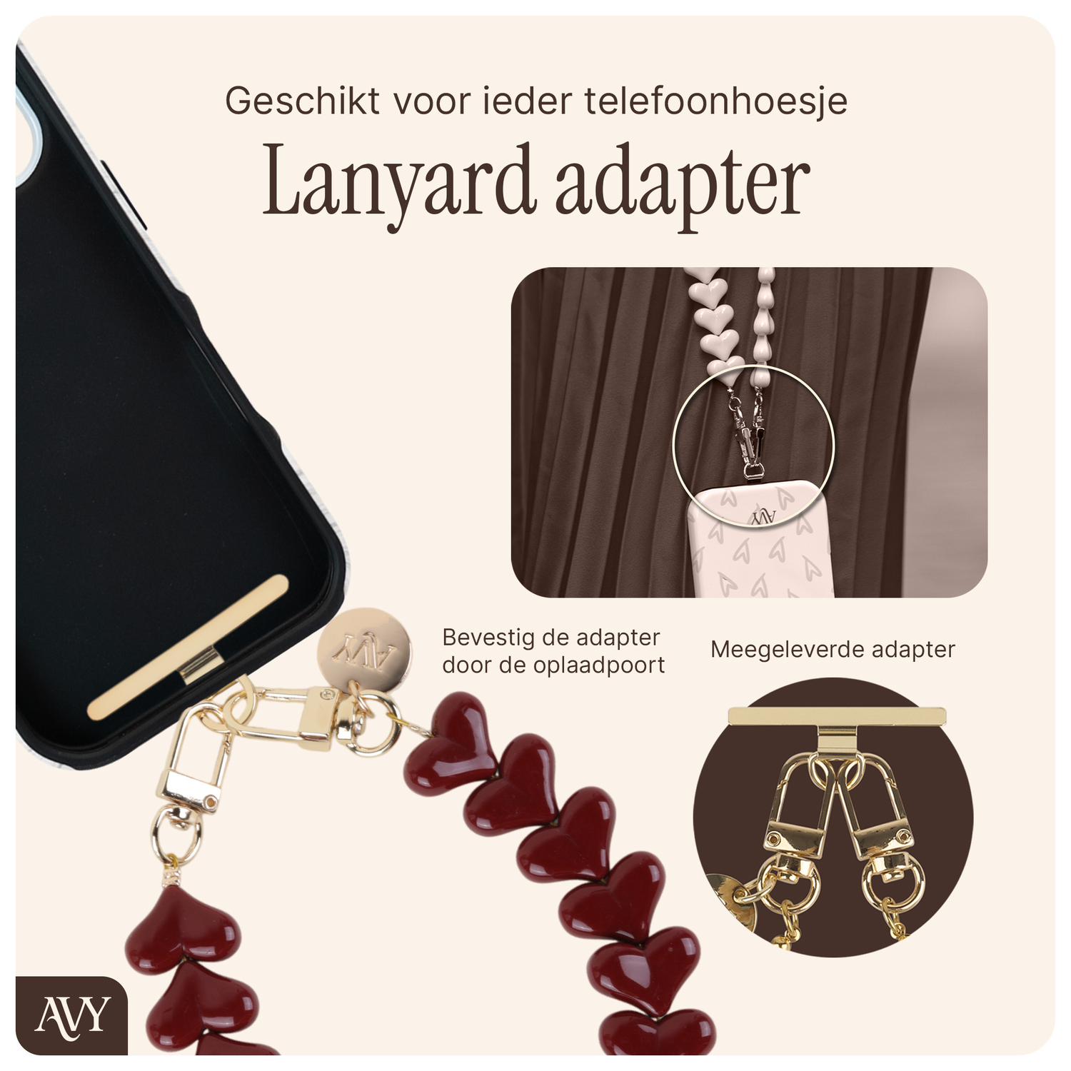 AVY Universele Hartjes Armband Polsband Telefoonkoord (30CM) Cupid Burgundy afbeelding 2