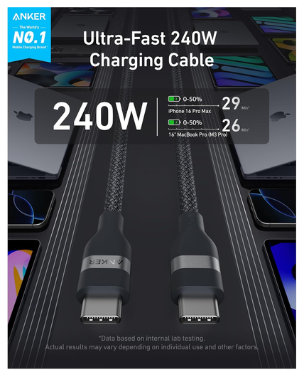 Anker USB-C naar USB-C Snellaad Kabel 240W Fast Charge Bio-Nylon 1.8M Zwart afbeelding 3