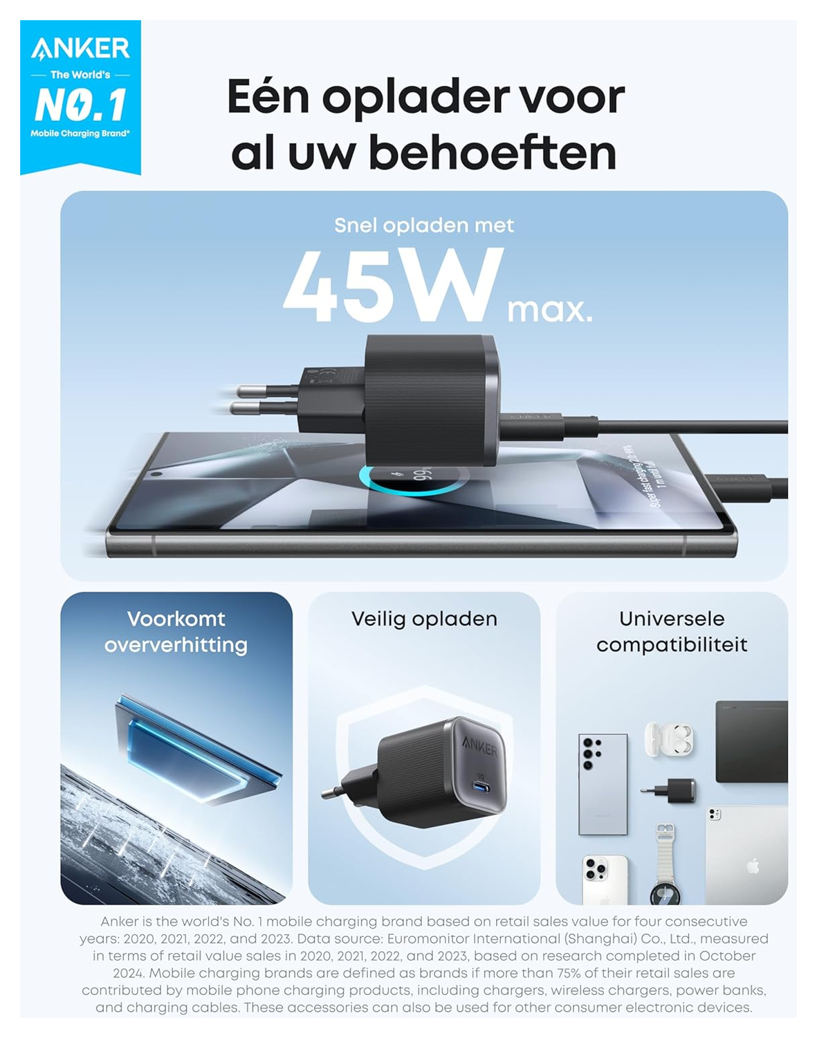 Anker Nano (45W) USB-C Oplader met 1.8M USB-C Kabel Grijs afbeelding 2