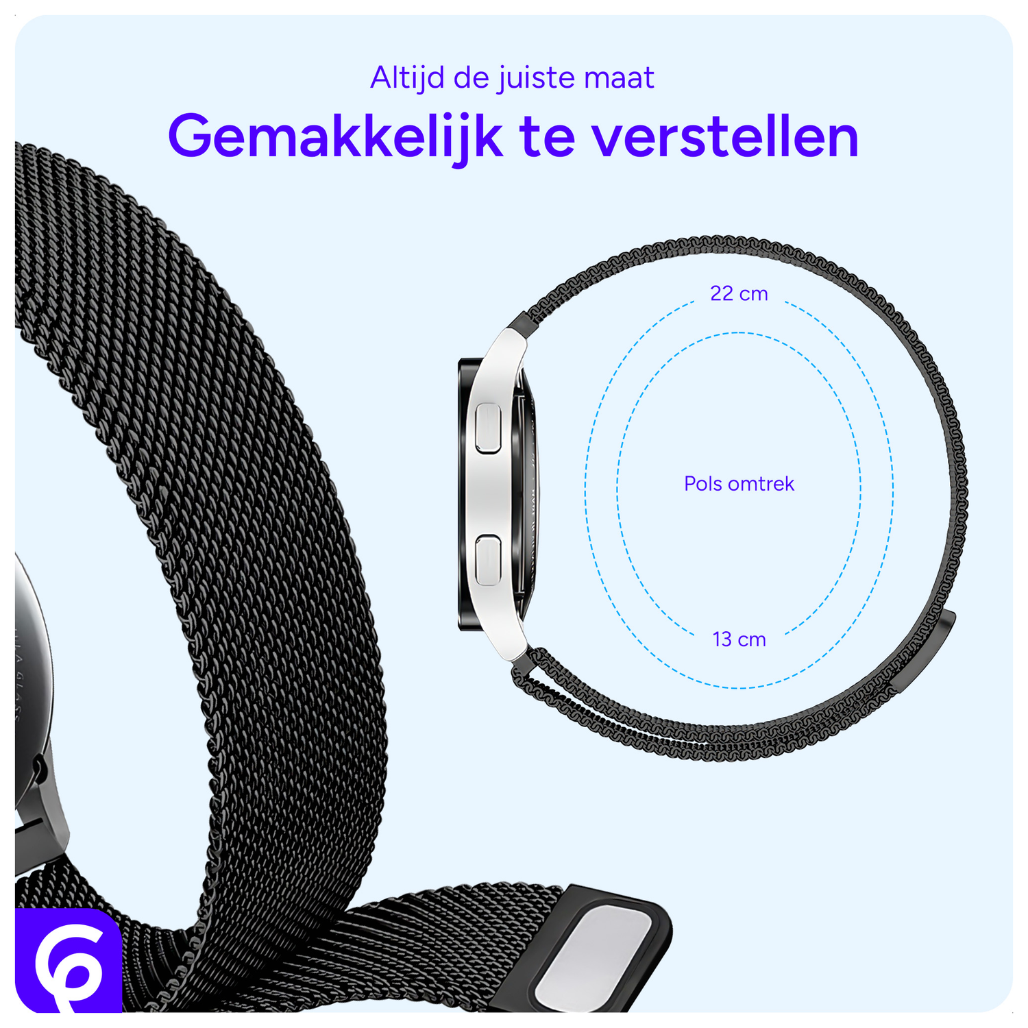 SBG Universeel Smartwatch / Horloge Bandje - Milanees - 22MM - Zwart afbeelding 4