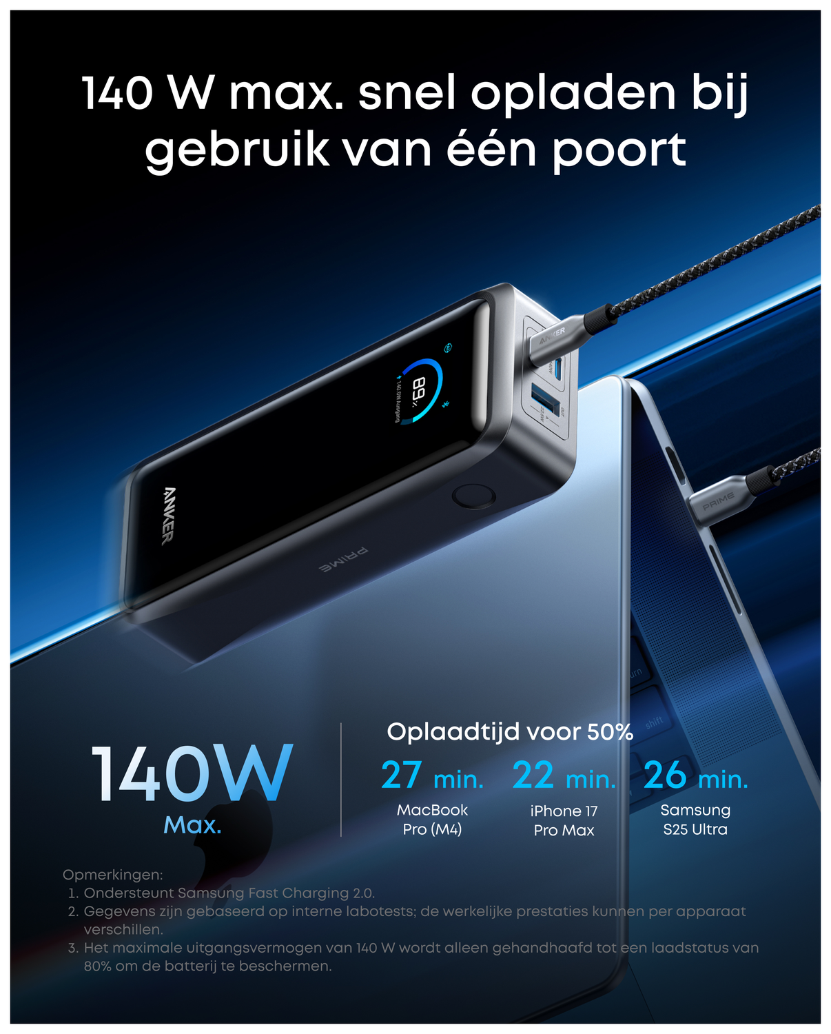 Anker Prime (300W) 26.250 mAh Powerbank Laptop/MacBook met 140W Snelladen Grijs afbeelding 7