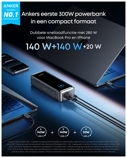 Anker Prime (300W) 26.250 mAh Powerbank Laptop/MacBook met 140W Snelladen Grijs afbeelding 4