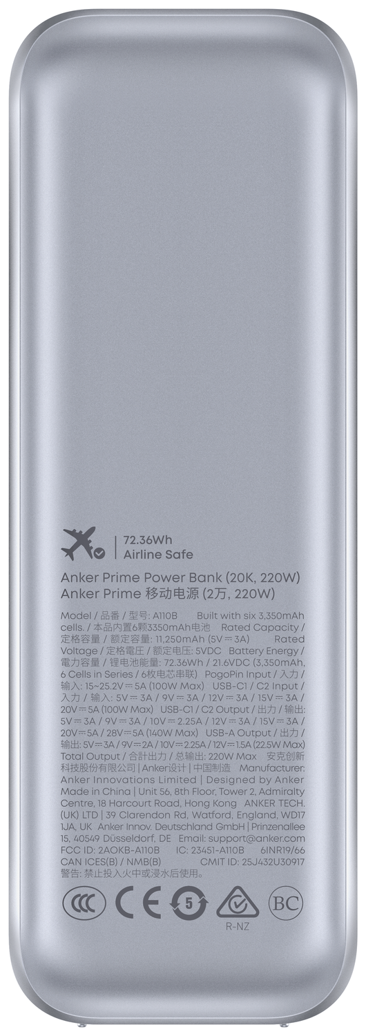 Anker Prime (220W) 20.000 mAh Powerbank Laptop/MacBook Snellader Zilver afbeelding 11