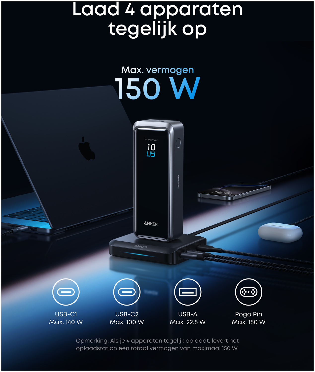 Anker Prime Oplaad Station 150W met Bluetooth en Wifi Zwart afbeelding 3