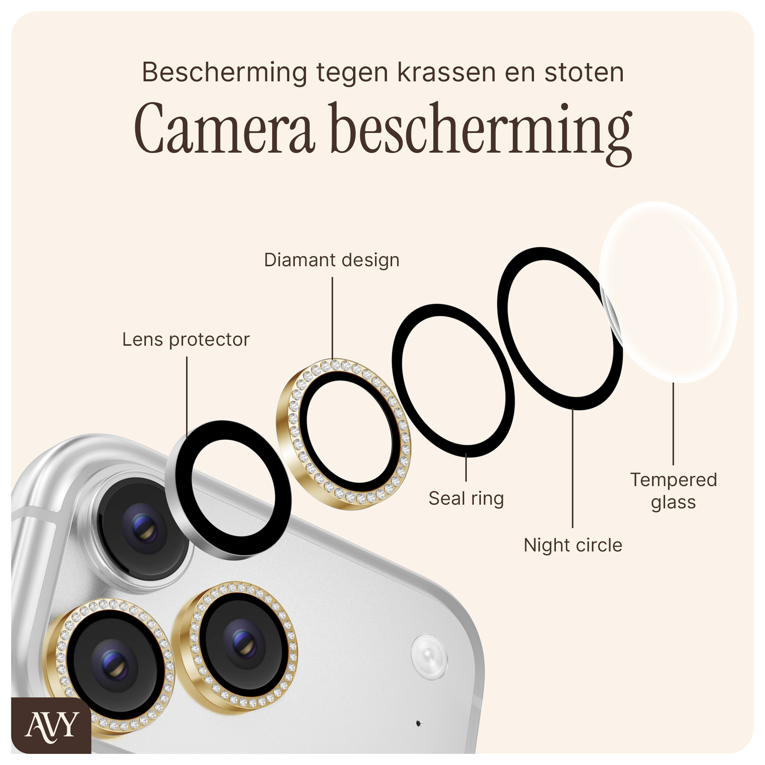 AVY Apple iPhone 14 / 14 Plus Camera Lens Protector Rings Diamant Goud afbeelding 5