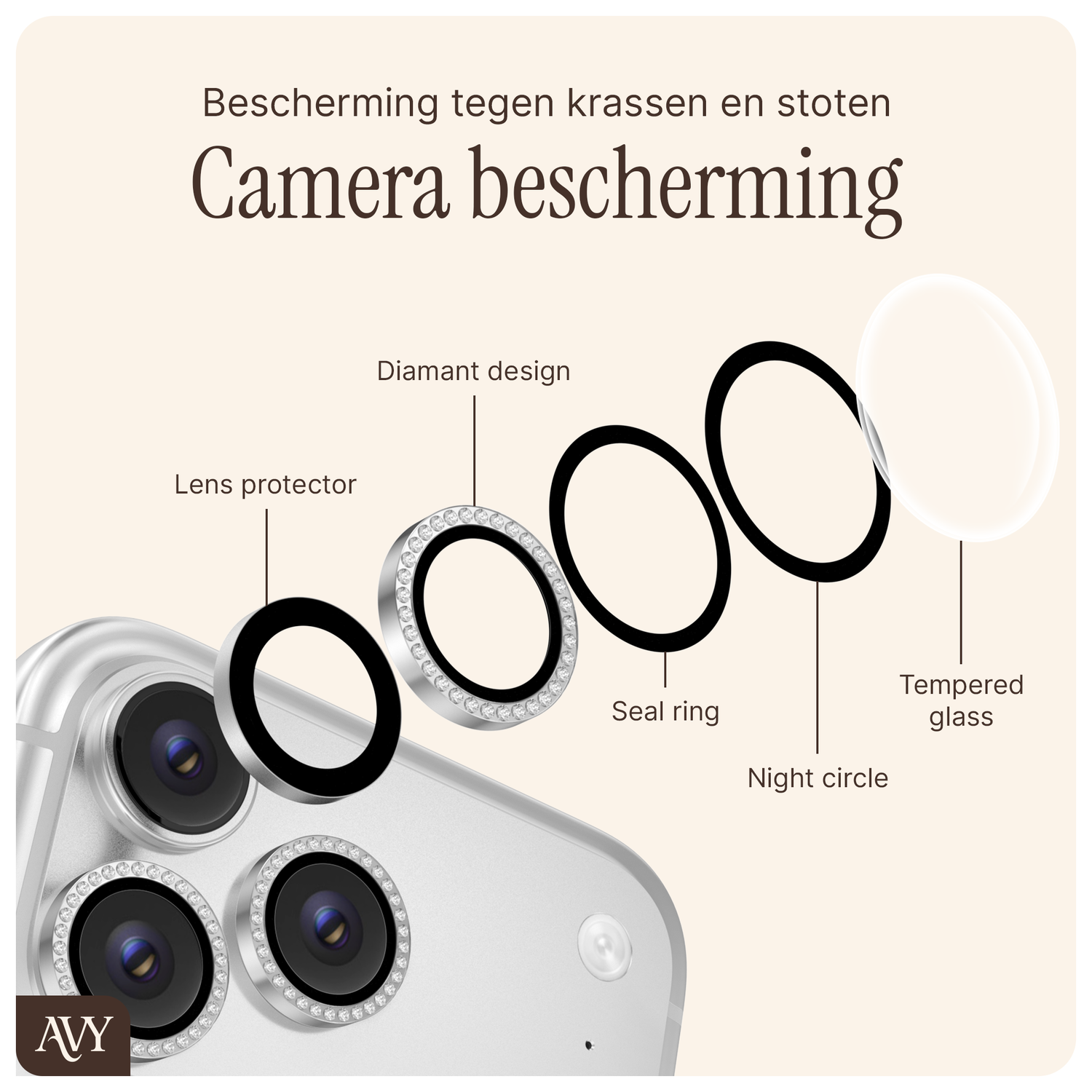 AVY Apple iPhone 17 / 16 / 16 Plus Camera Lens Protector Rings Diamant Zilver afbeelding 5