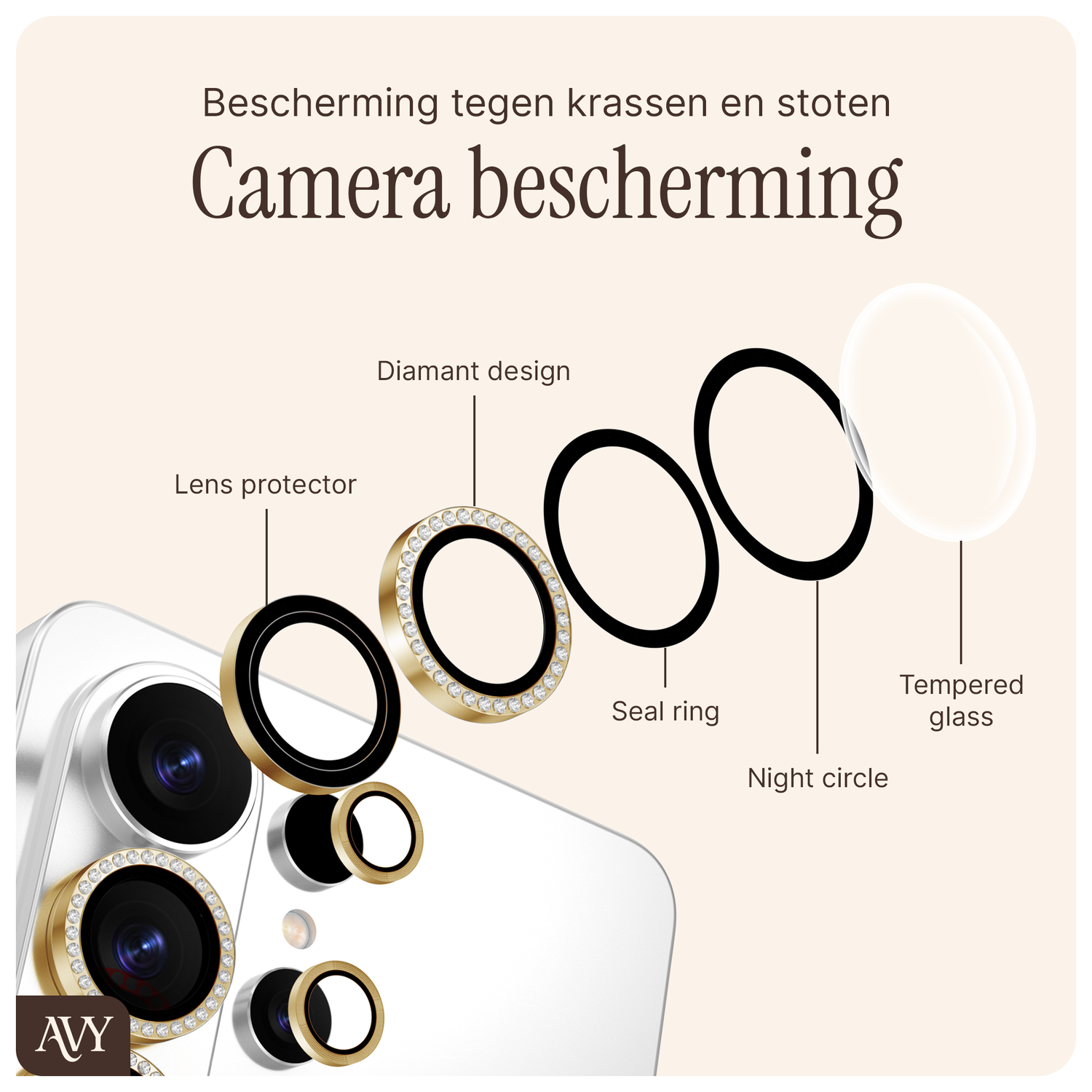 AVY Samsung Galaxy S26 Camera Lens Protector Rings Diamant Goud afbeelding 5