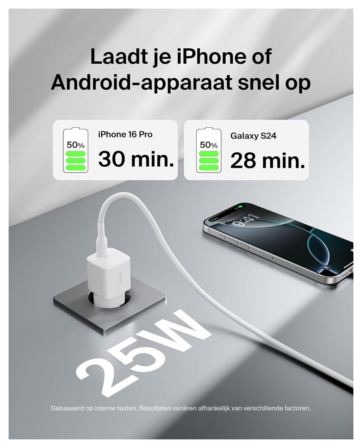 Belkin BoostCharge 25W Fast Charge Snellader USB‑C Adapter met PPS Wit afbeelding 2
