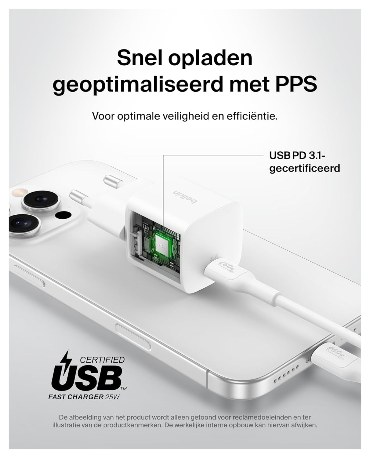 Belkin BoostCharge 25W Fast Charge Snellader USB‑C Adapter met PPS Wit afbeelding 3