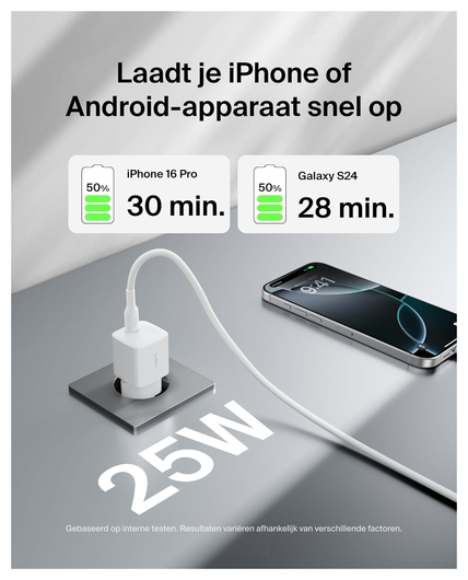 Belkin BoostCharge 25W Fast Charge Snellader USB‑C Adapter met PPS Wit afbeelding 2