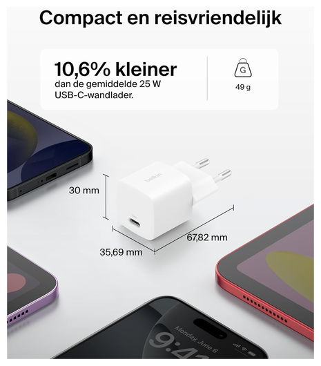 Belkin BoostCharge 25W Fast Charge Snellader USB‑C Adapter met PPS Wit afbeelding 4