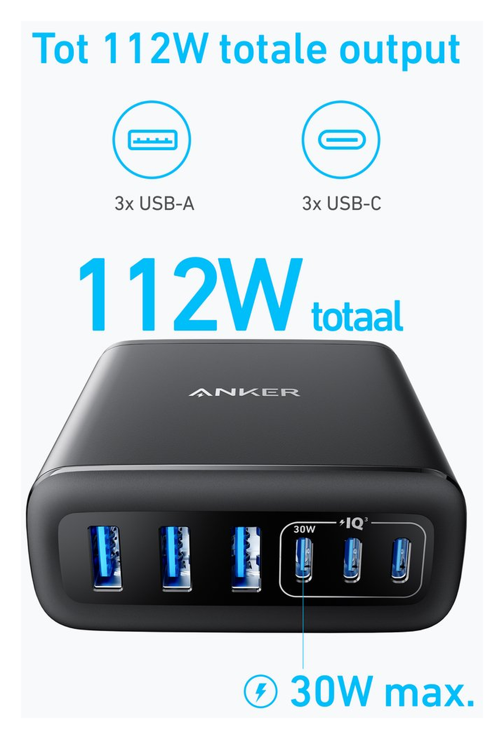 Anker (112W) Desktop Charger 6-in-1 Oplaadstation USB/USB-C Snellader Zwart afbeelding 2