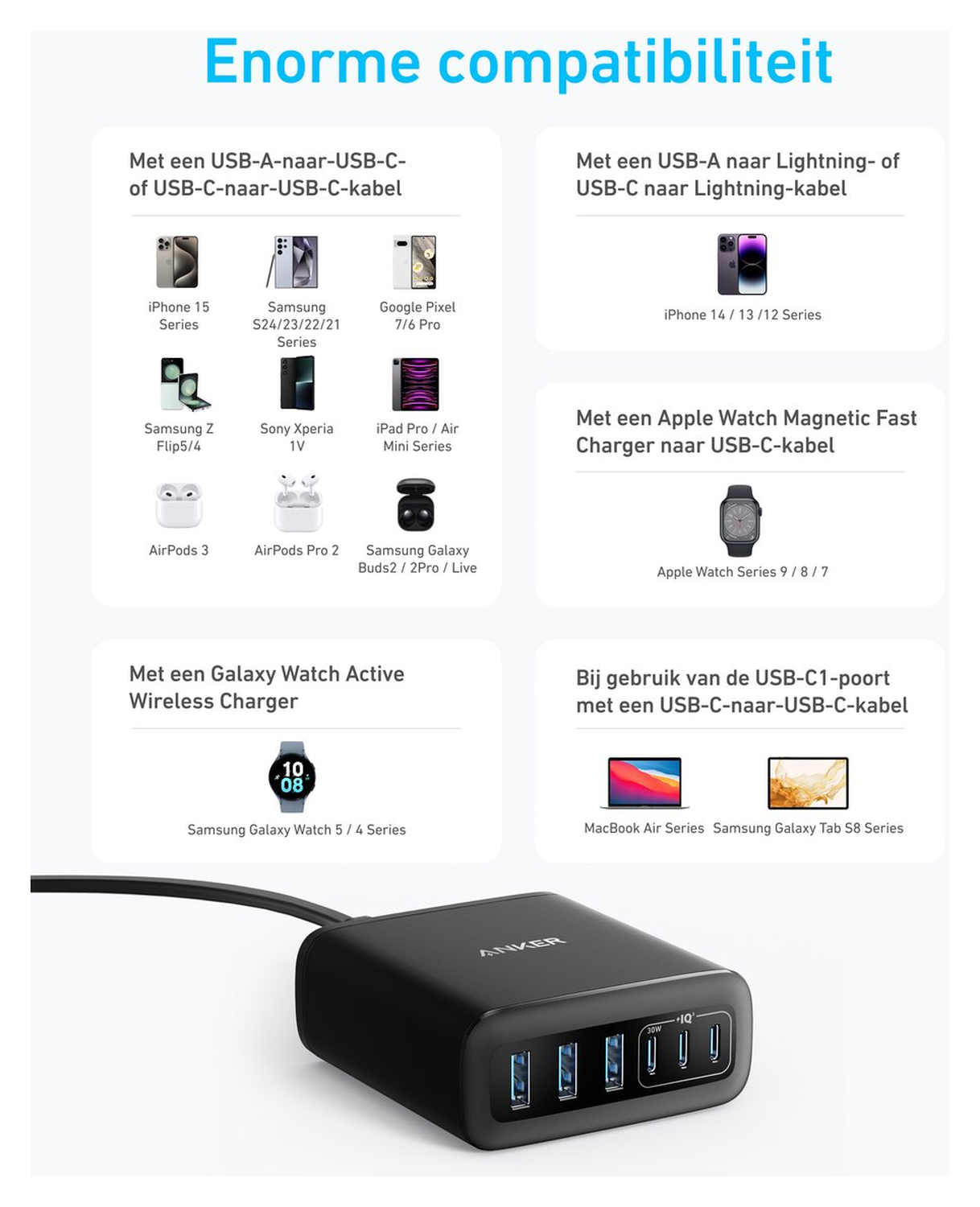 Anker (112W) Desktop Charger 6-in-1 Oplaadstation USB/USB-C Snellader Zwart afbeelding 6