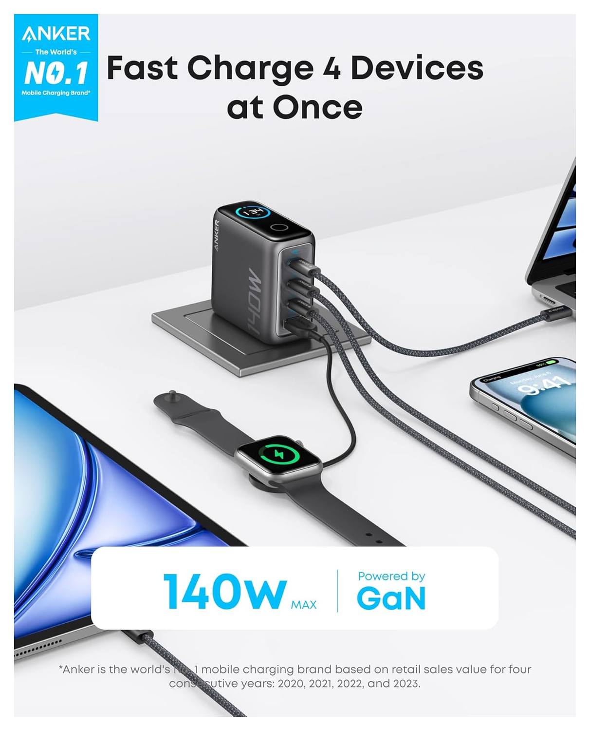 Anker Zolo (140W) USB-C Oplader GaN Snellader voor MacBook/Laptop Zwart afbeelding 2