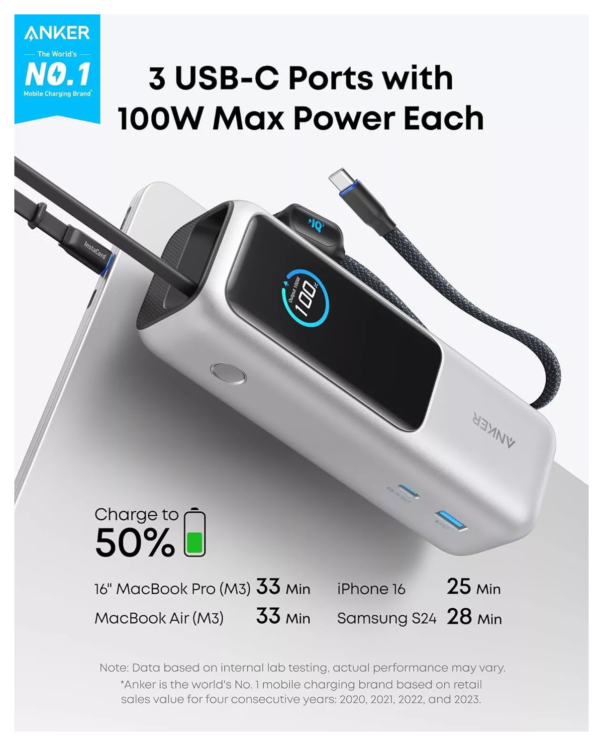 Anker (165W) Laptop/MacBook 25.000 mAh Powerbank Ingebouwde USB-C Kabels Zilver afbeelding 2