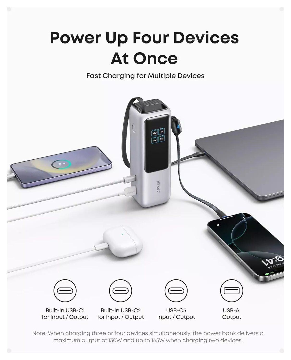 Anker (165W) Laptop/MacBook 25.000 mAh Powerbank Ingebouwde USB-C Kabels Zilver afbeelding 4
