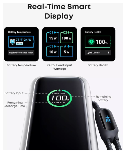 Anker (165W) Laptop/MacBook 25.000 mAh Powerbank Ingebouwde USB-C Kabels Zilver afbeelding 5