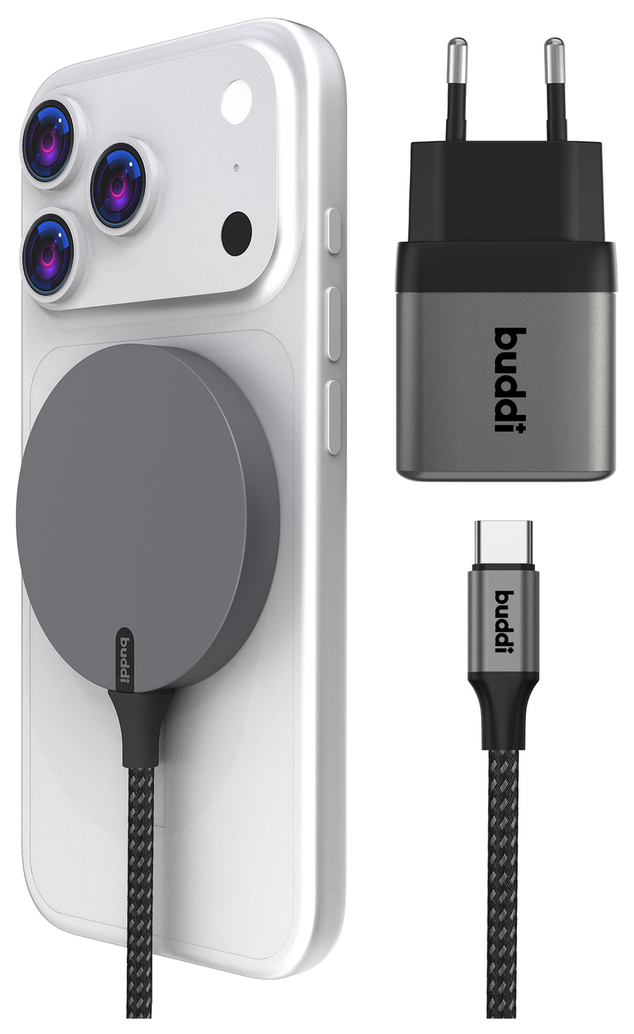 Buddi Power Qi2 / MagSafe Oplader 15W met 25W USB-C Adapter 1,5M Grijs afbeelding 1