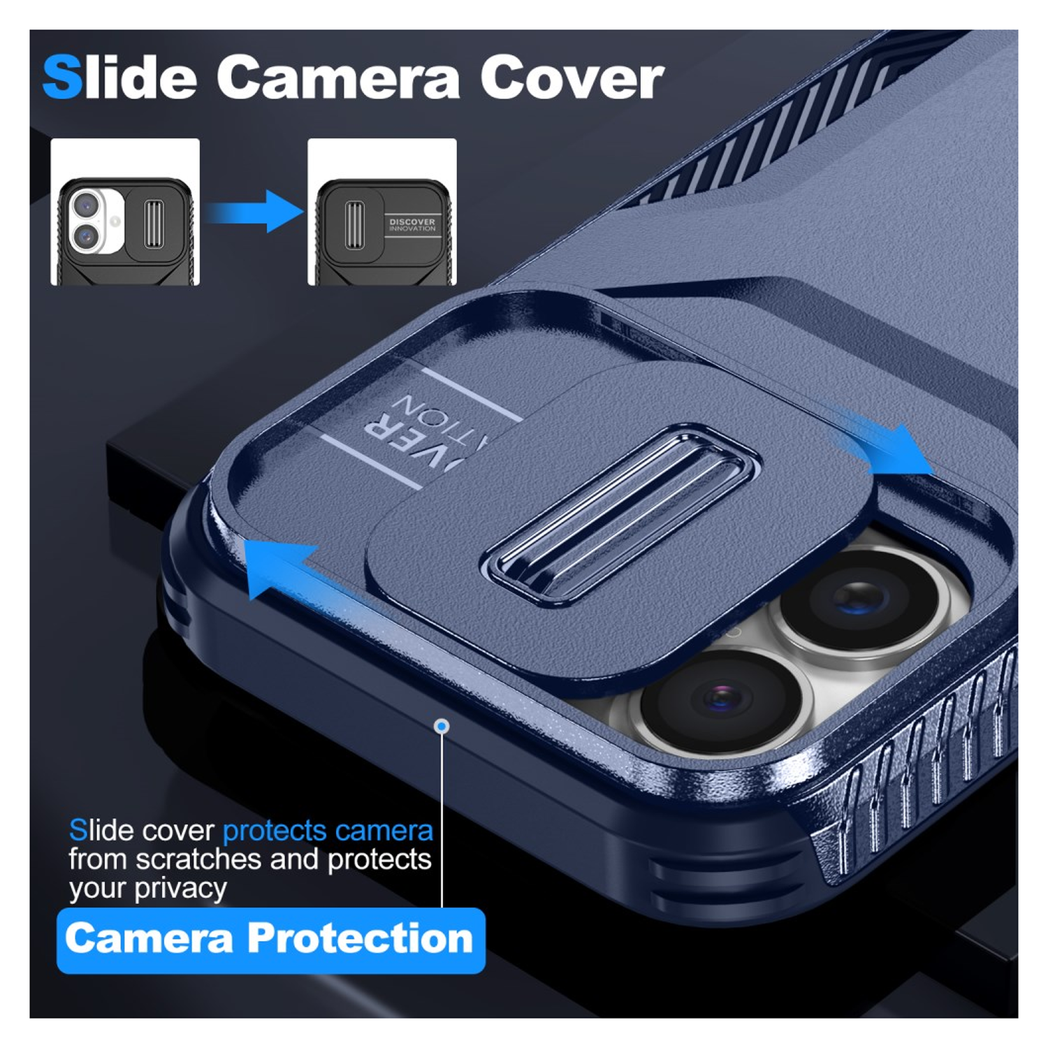 Apple iPhone 16 Hoesje Camera Slider Back Cover Schokbestendig Blauw afbeelding 3