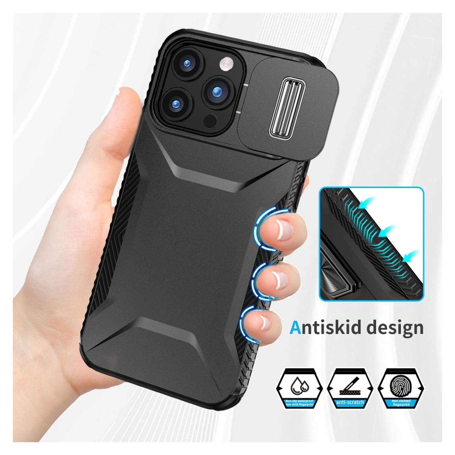 Apple iPhone 15 Pro Hoesje Camera Slider Back Cover Schokbestendig Zwart afbeelding 4