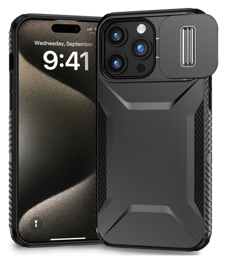 Apple iPhone 15 Pro Hoesje Camera Slider Back Cover Schokbestendig Zwart afbeelding 1