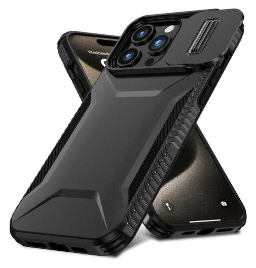 Apple iPhone 15 Pro Hoesje Camera Slider Back Cover Schokbestendig Zwart afbeelding 2