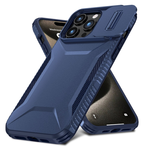 Apple iPhone 15 Pro Hoesje Camera Slider Back Cover Schokbestendig Blauw afbeelding 2