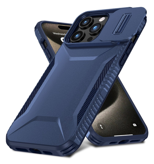 Apple iPhone 15 Pro Max Hoesje Camera Slider Back Cover Schokbestendig Blauw afbeelding 2