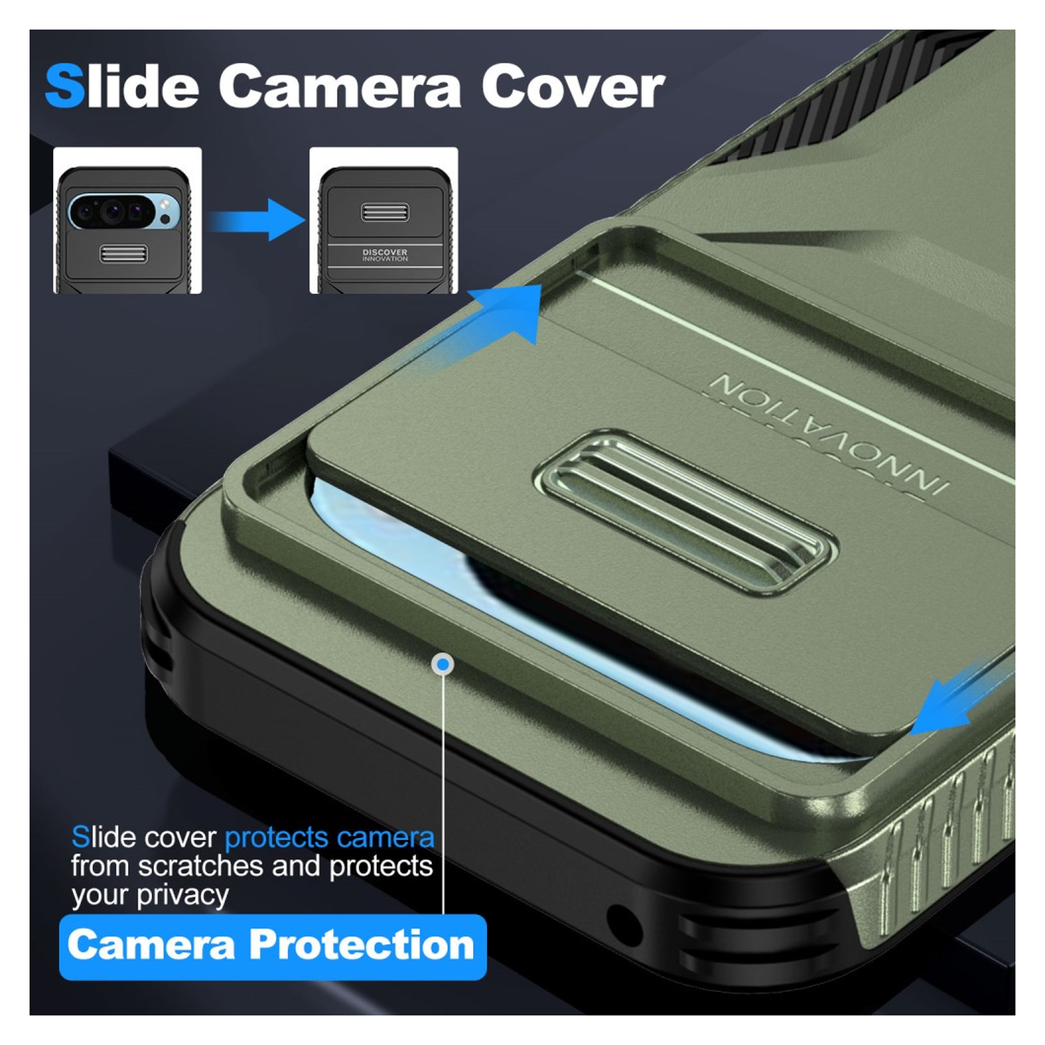 Google Pixel 10 Pro / 9 Pro Hoesje Camera Slider Back Cover Schokbestendig Groen afbeelding 4