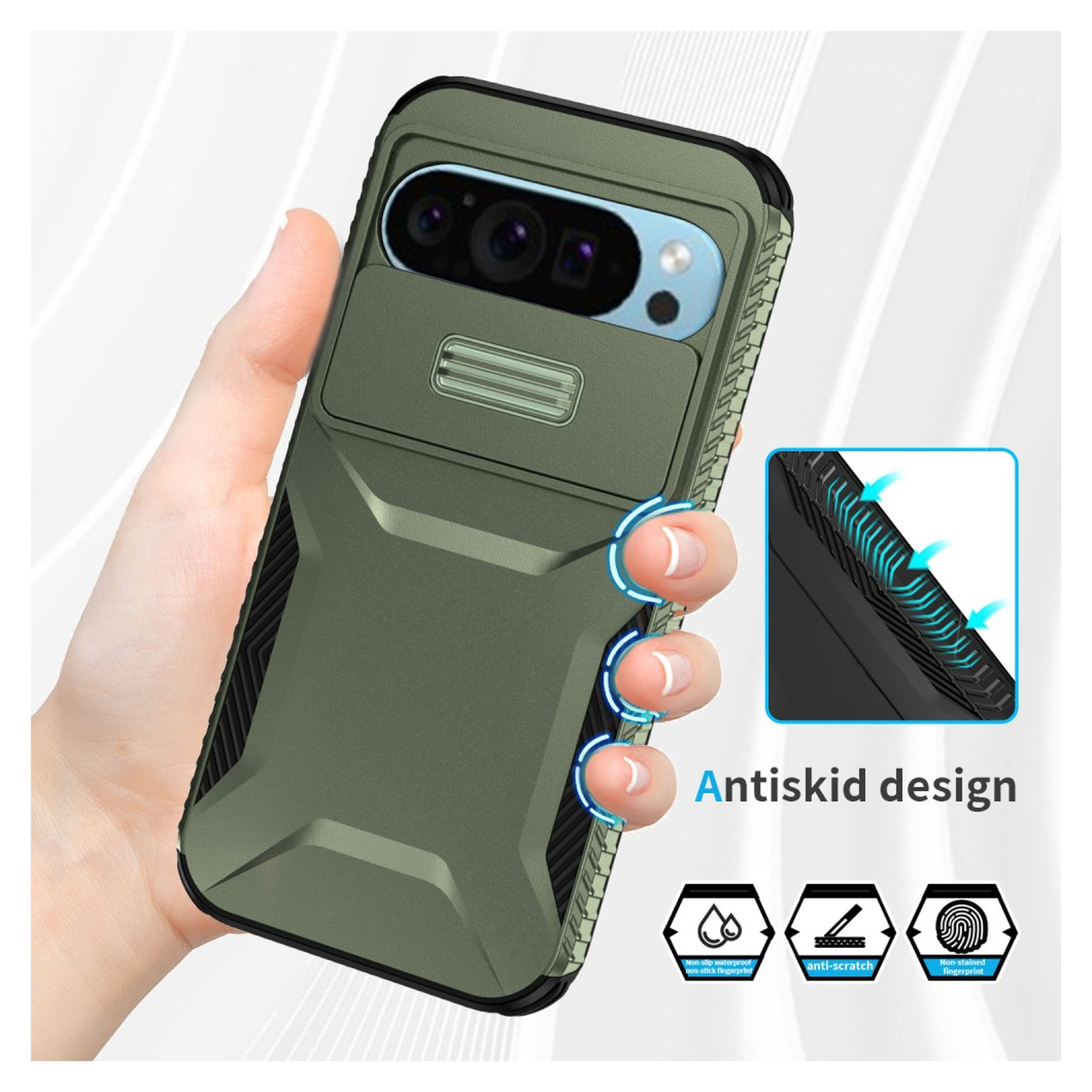 Google Pixel 10 Pro / 9 Pro Hoesje Camera Slider Back Cover Schokbestendig Groen afbeelding 7