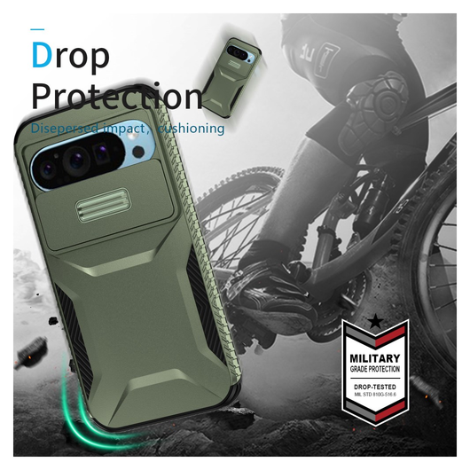 Google Pixel 10 Pro / 9 Pro Hoesje Camera Slider Back Cover Schokbestendig Groen afbeelding 5