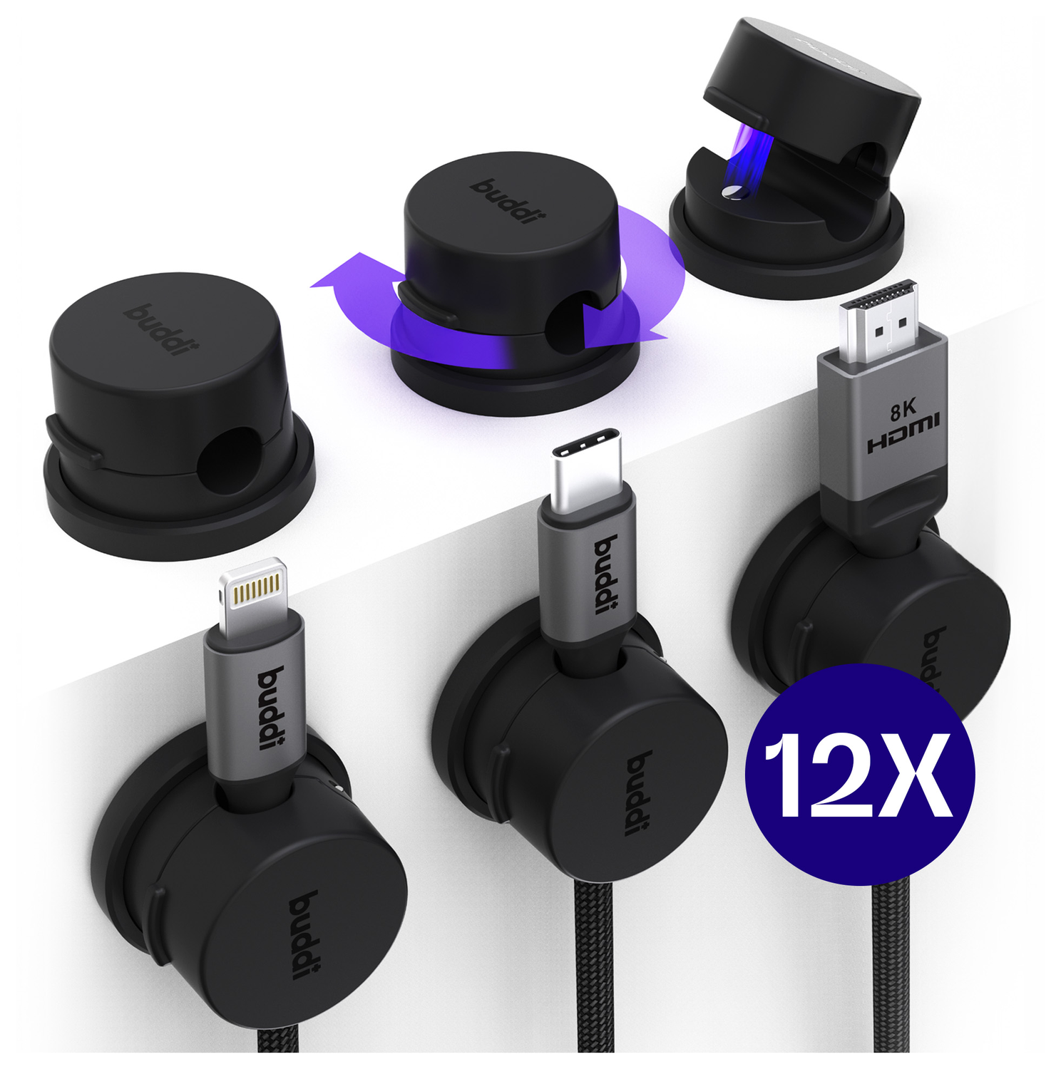 Buddi Sorted Magnetische Kabelclip Organizer voor Bureau en Nachtkastje 12-Pack afbeelding 1