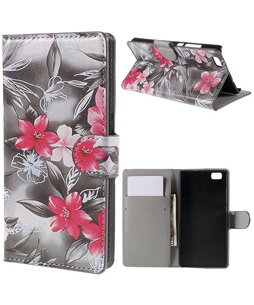 Huawei Ascend P8 Lite Red Flower Wallet Case afbeelding 1