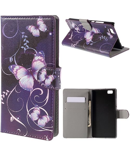 Huawei Ascend P8 Lite Purple Butterfly Wallet Case afbeelding 1