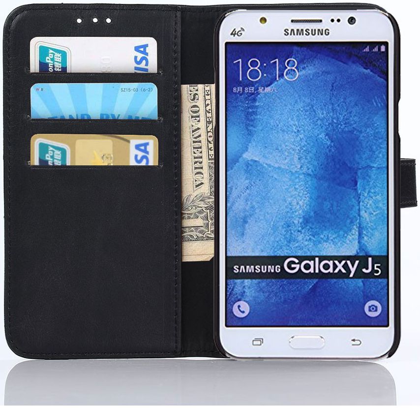 Samsung Galaxy J5 Retro Style Wallet Flip Case Zwart afbeelding 1