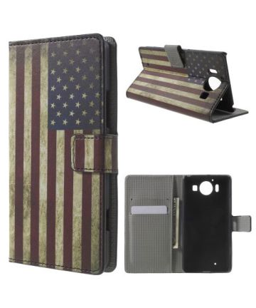 Microsoft Lumia 950 Lederen Wallet Flip Case Stand Retro American Flag Hoesjes