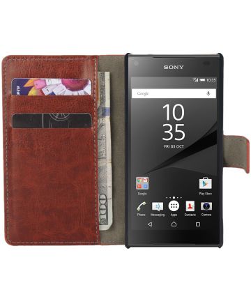 Sony Xperia Z5 Compact Lederen Wallet Flip Case Bruin Hoesjes