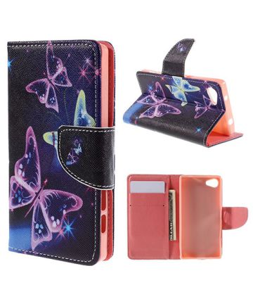 Sony Xperia Z5 Compact Lederen Wallet Case Colored Butterflies Hoesjes