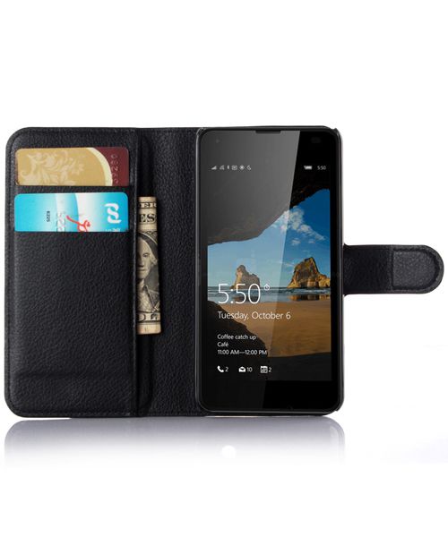 Microsoft Lumia 550 Portemonnee Lychee Leer Case Zwart afbeelding 1