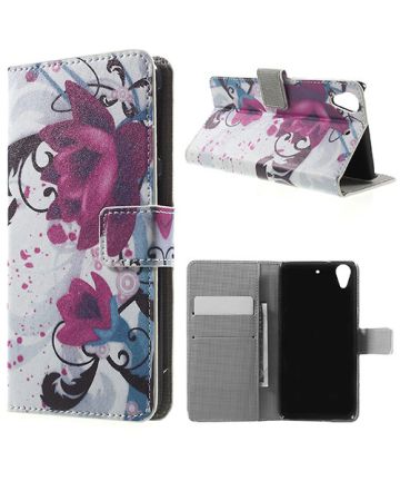 HTC Desire 626 Wallet Flip Case Stand Purple Flower Hoesjes